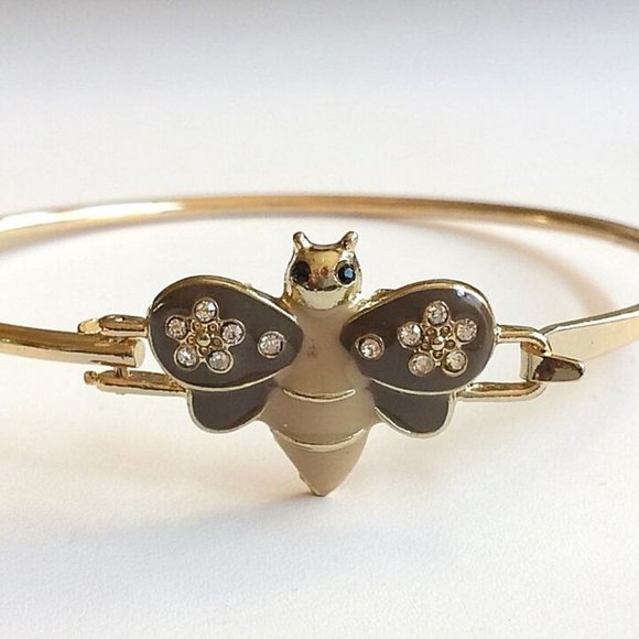 Bumble Bee Bangle Bracelet 8" Crystal Beige Enamel Gold Plated Charm - Picture 4 of 12